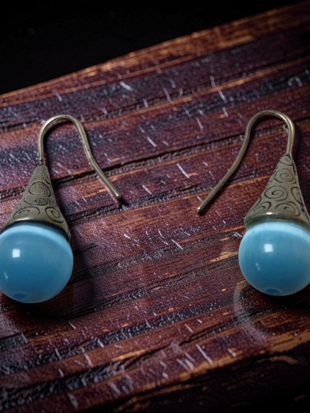 Vintage Blue sea glass With Spiral Design Top Ear Wire earrings